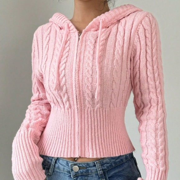 Sweaters - Solid Color Drawstring Hooded Cardigan